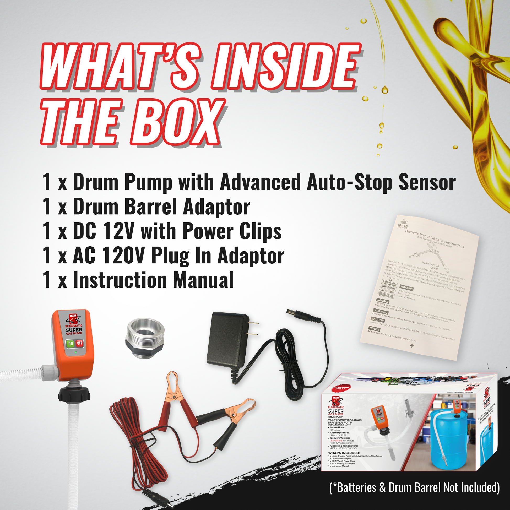 55 Gallon Drum Barrel Pump - Auto-Stop Sensor, 3.2 GPM, 4.25 Ft Hose - BRS Super Pumps