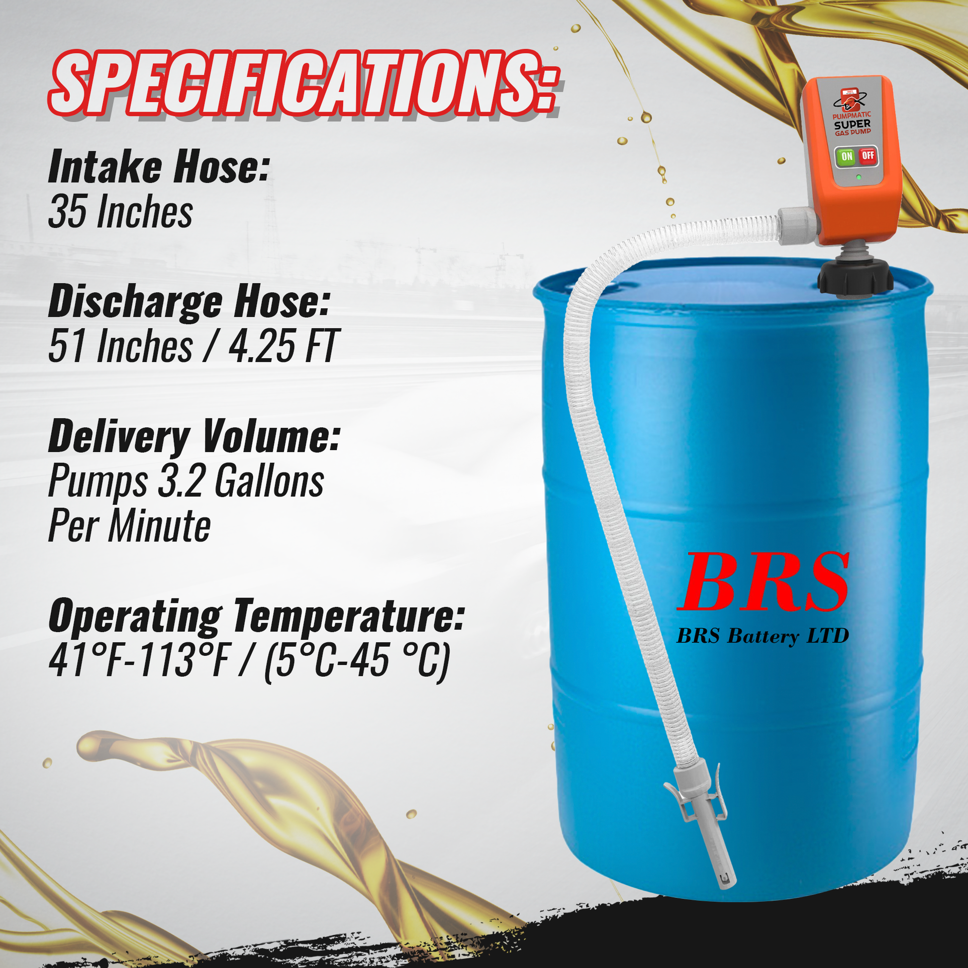 55 Gallon Drum Barrel Pump - Auto-Stop Sensor, 3.2 GPM, 4.25 Ft Hose - BRS Super Pumps