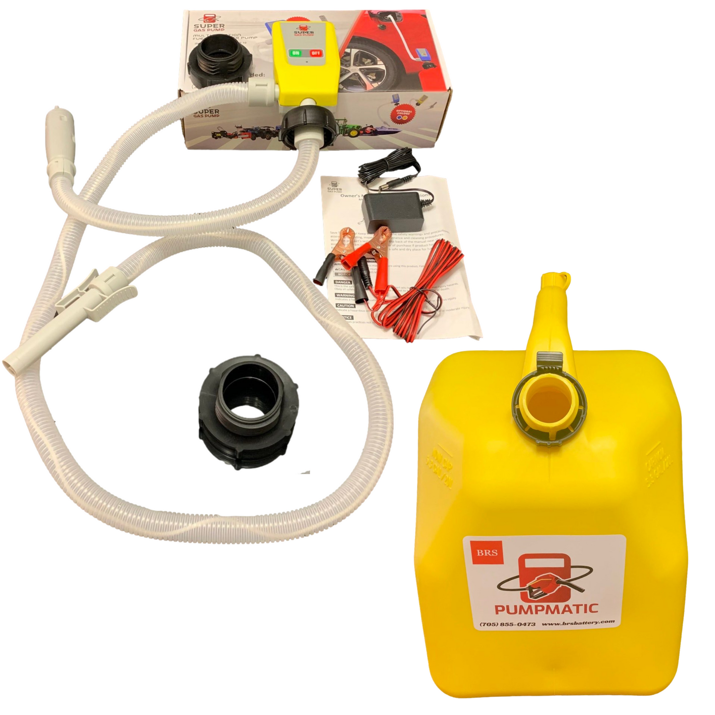 BRS Super Diesel Pump - Yellow Diesel Pump + Diesel Fuel Can Combo Kit -Super Gas Pump for Gas, Diesel, Kerosene, etc.  3 Power Sources w/ Extra Long Hose - BRS Super Pumps
