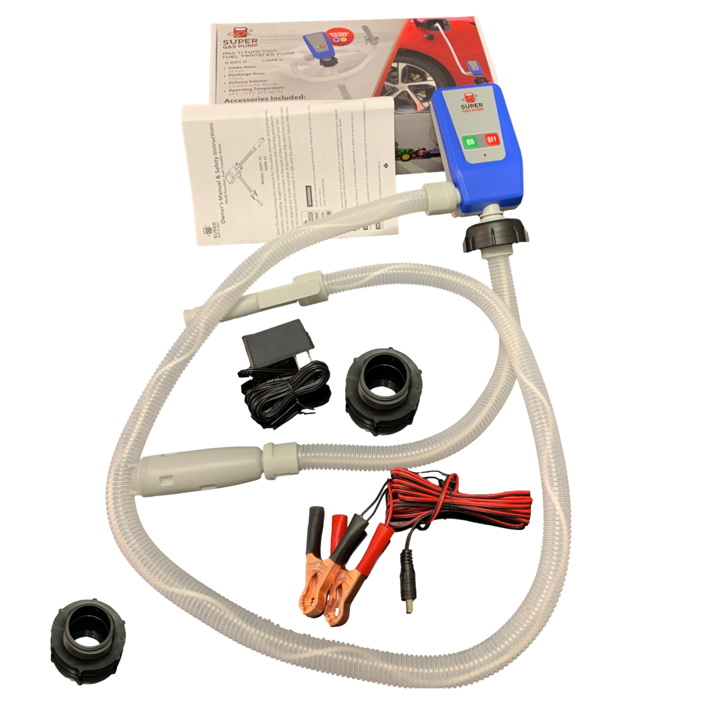 BRS Super Gas Pump Blue Fuel Transfer Siphon Pump for Gas, Diesel, Kerosene, 3 Power Sources w/ 4.25 Ft Hose - BRS Super Pumps