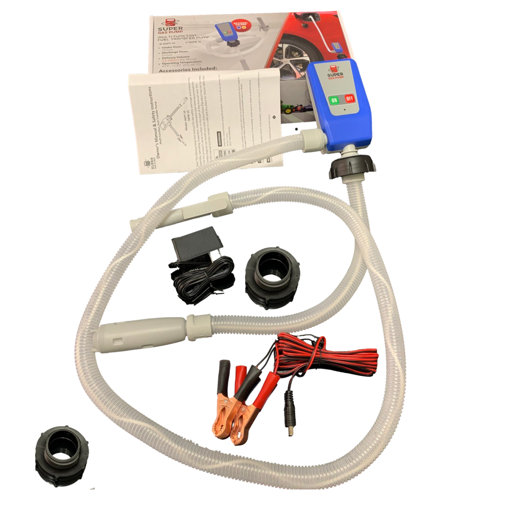 BRS Super Gas & Diesel Pump Pack - PumpMatic Super Gas Pump Fuel Transfer Pump for Gas, Diesel, Kerosene + 3 Power Sources w/ Extra Long Hose Siphon - BRS Super Pumps