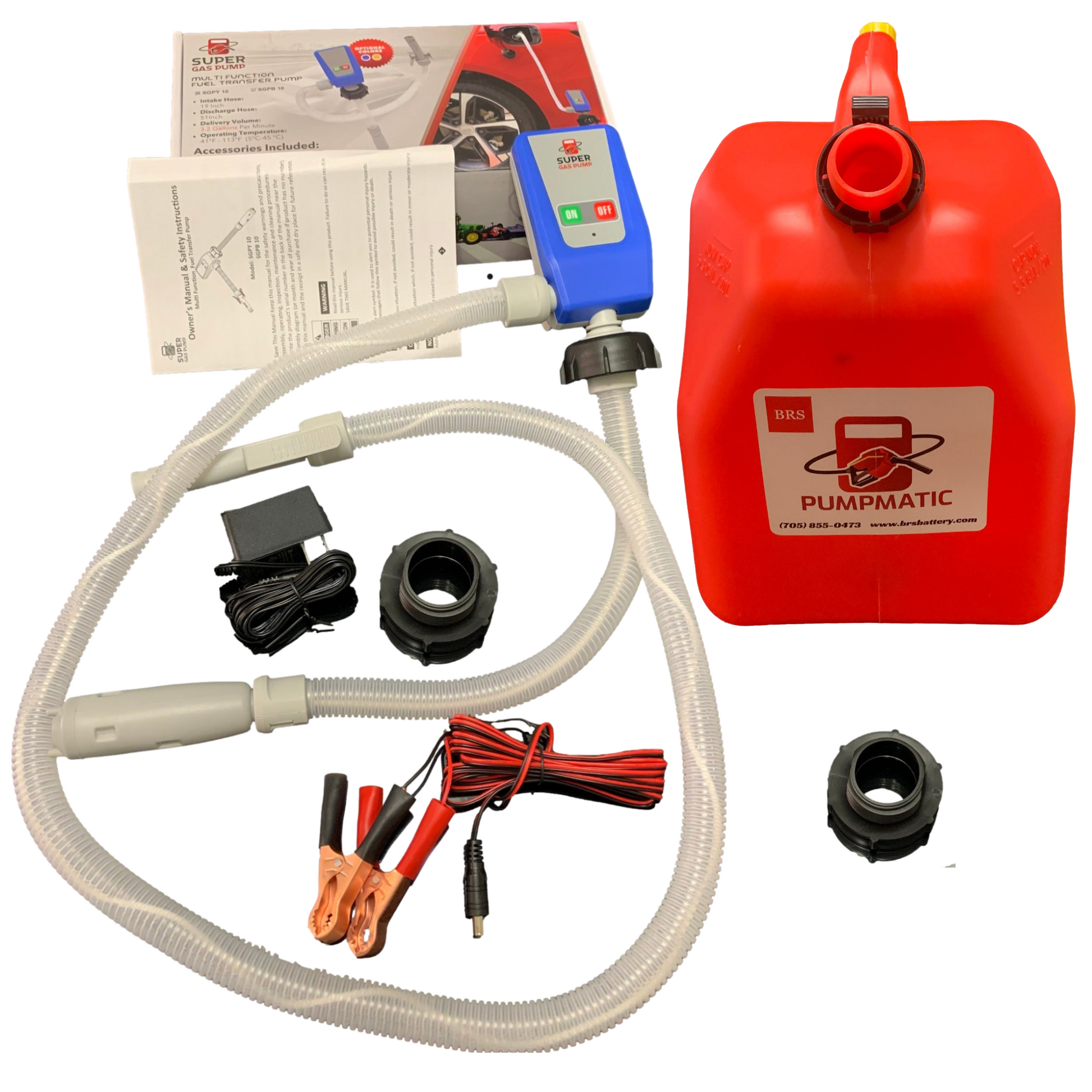 BRS Super Gas Pump + Jerry Can Kit - Transfer Gas, Diesel, Kerosene, etc. + 3 Power Sources w/ Extra Long Hose - BRS Super Pumps