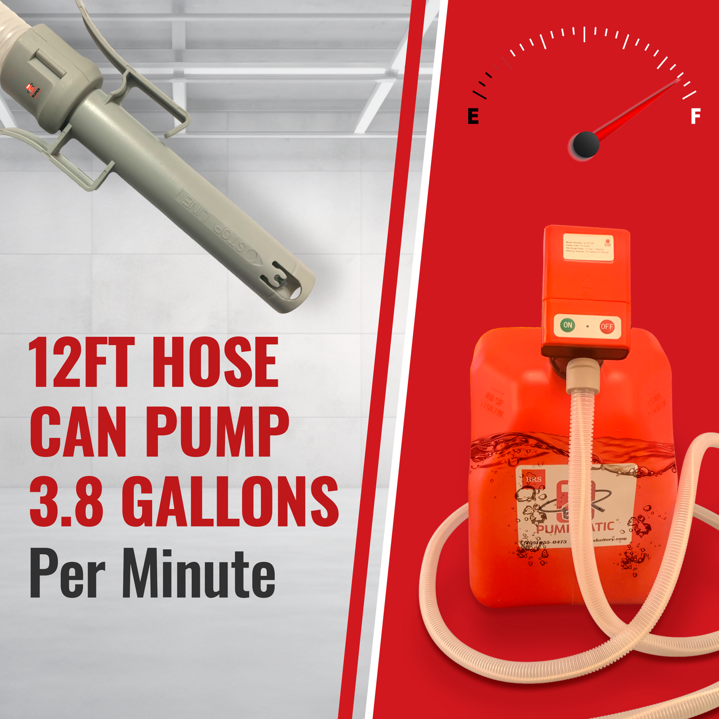 *New* PumpMatic Super Long Gas Pump w/ 12 Ft Hose - 3.8 GPM - Gas, Diesel, Kerosene - BRS Super Pumps