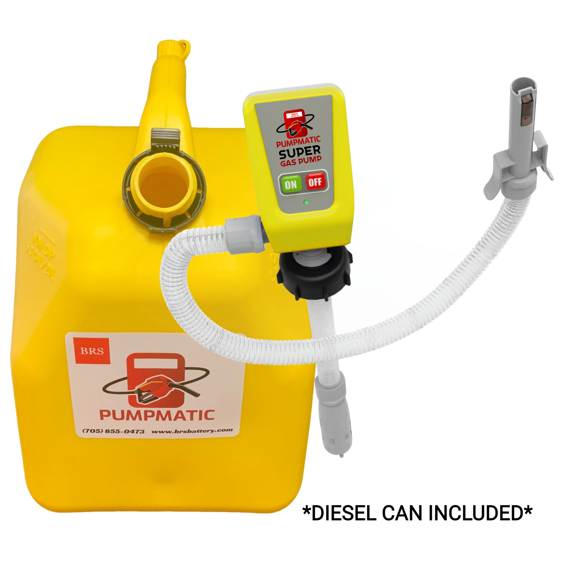 *NEW* BRS Diesel Pump - Yellow Diesel Pump + Diesel Fuel Can Combo Kit -Super Gas Pump for Gas, Diesel, Kerosene, etc.  3 Power Sources w/ Extra Long Hose - BRS Super Pumps